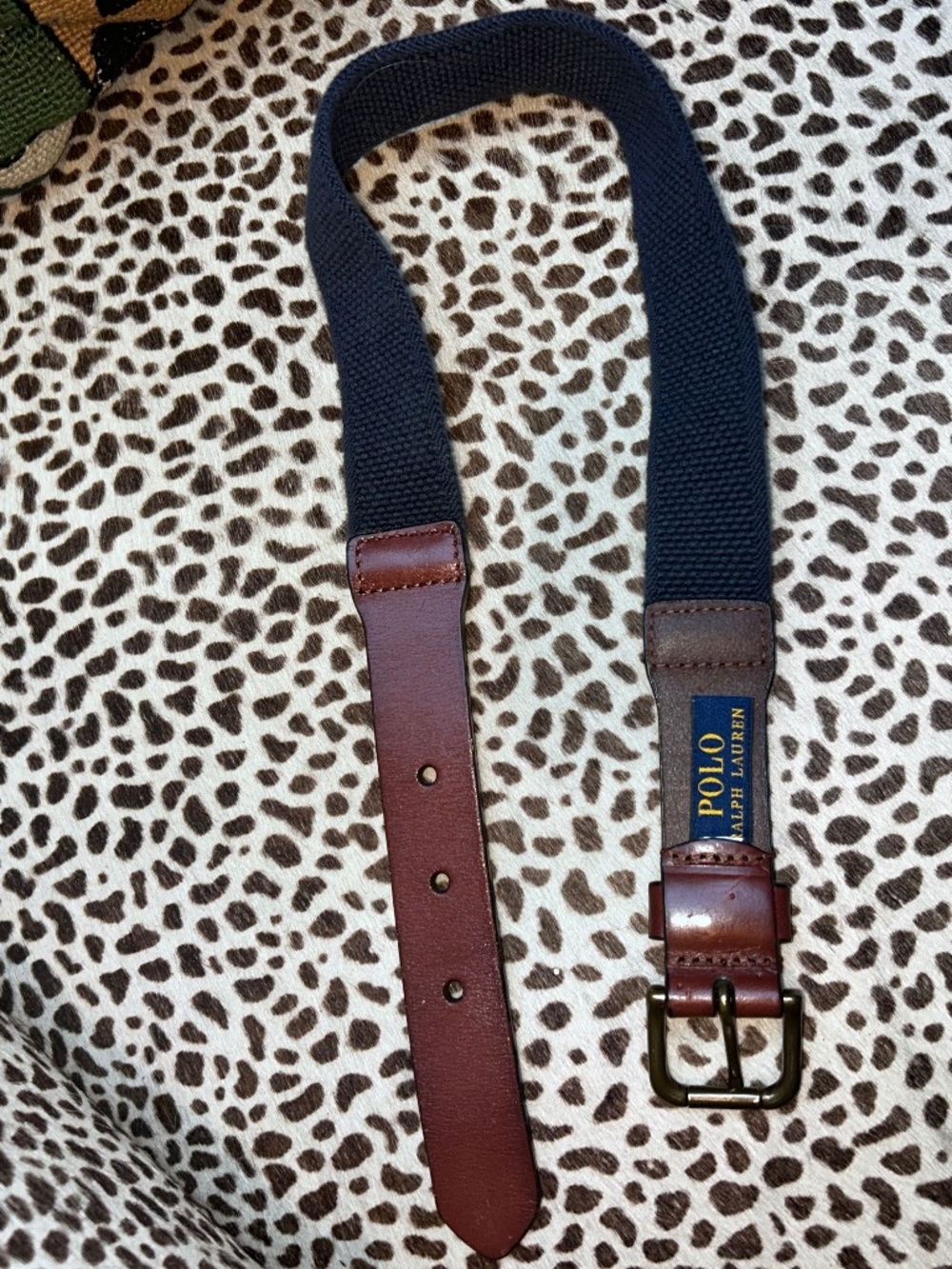 Polo Ralph Lauren Youth belt rich brown leather blue canvas cotton 20
